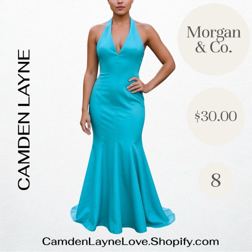Morgan & Co. Blue Halter Backless Gown - Picture 3 of 7